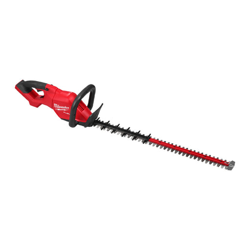 Red and black hedge trimmer on a white background