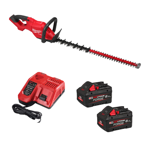 Milwaukee cordless hedge trimmer kit with a red and black hedge trimmer, two red and black 18V LITHIUM-FREE FORGE 6.0 batteries, and a red dual-port charger with a black power cord, shown on a white background.