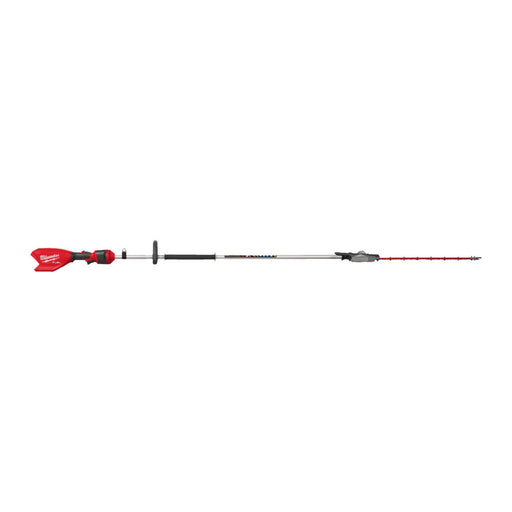 Milwaukee cordless pole saw shown horizontally against a plain white background, displaying its red and black battery pack, black and silver handle, and red-and-silver pole attachment.