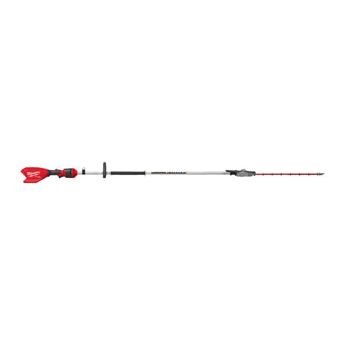 Milwaukee cordless pole saw shown horizontally against a plain white background, displaying its red and black battery pack, black and silver handle, and red-and-silver pole attachment.