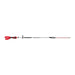 Milwaukee cordless pole saw shown horizontally against a plain white background, displaying its red and black battery pack, black and silver handle, and red-and-silver pole attachment.