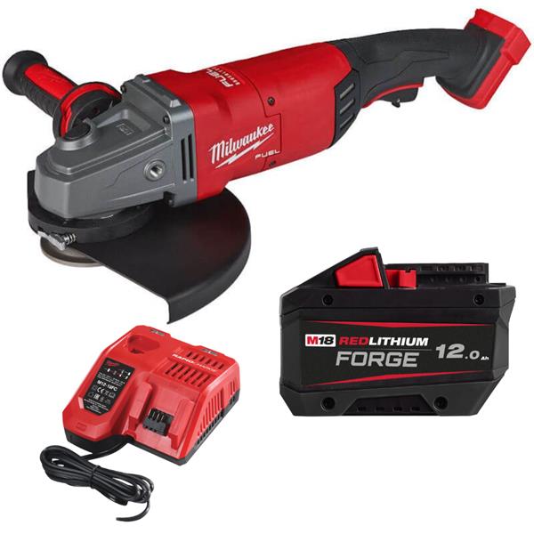 Milwaukee angle grinder with battery and charger on a white background