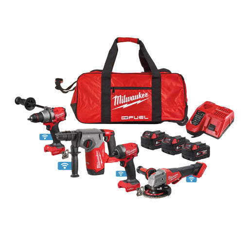 Milwaukee tool set with various power tools and a red carrying bag on a white background