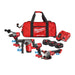 Milwaukee tool set with various power tools and a red carrying bag on a white background