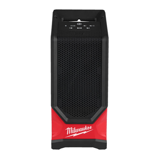 Black and red Milwaukee portable speaker on a white background