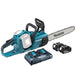 Makita chainsaw with battery and charger on a white background