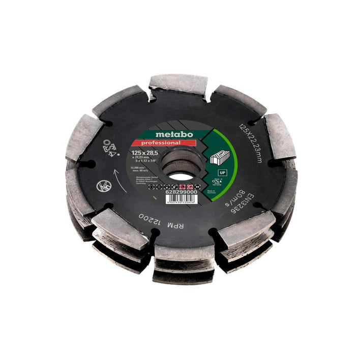 A Metabo diamond cutting disc with a black central body, gray segmented outer ring, and a green and red center label, shown on a plain white background.