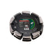 A Metabo diamond cutting disc with a black central body, gray segmented outer ring, and a green and red center label, shown on a plain white background.