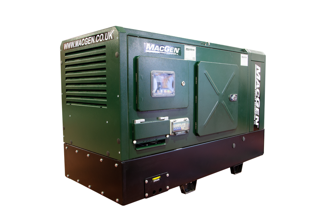 A green and black Macgen portable generator set shown from a three-quarter angle against a plain white background.