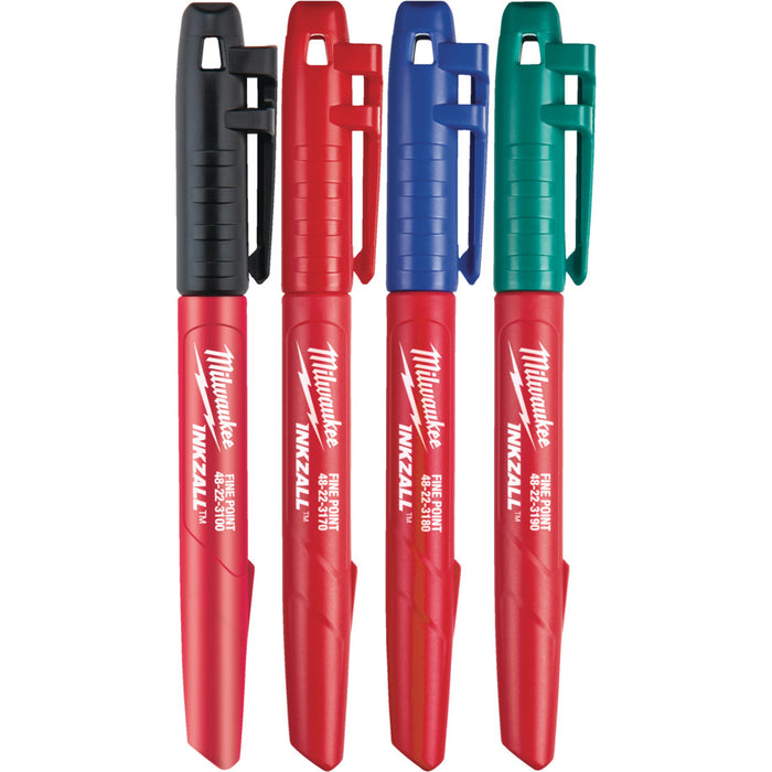 Four Milwaukee INKZALL pens in different colors on a white background