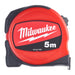 Red Milwaukee tape measure with black label on a white background