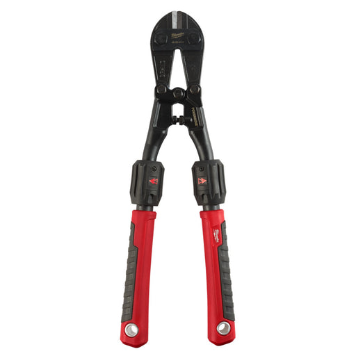 Pair of bolt cutters with red and black handles on a white background