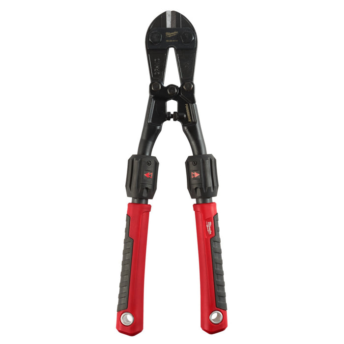 Pair of bolt cutters with red and black handles on a white background