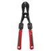 Pair of bolt cutters with red and black handles on a white background