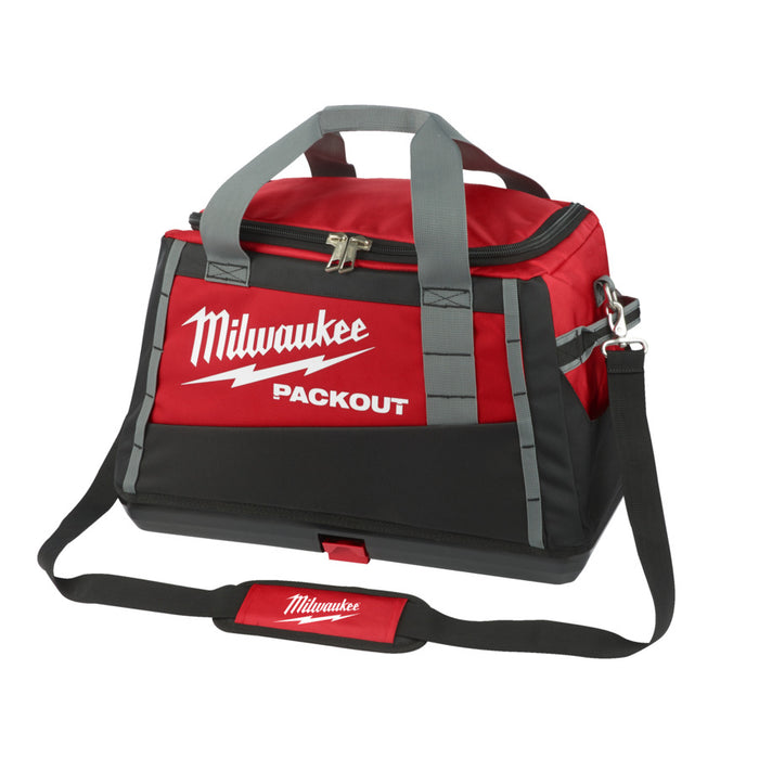 Red and black Milwaukee tool bag with shoulder strap on a white background
