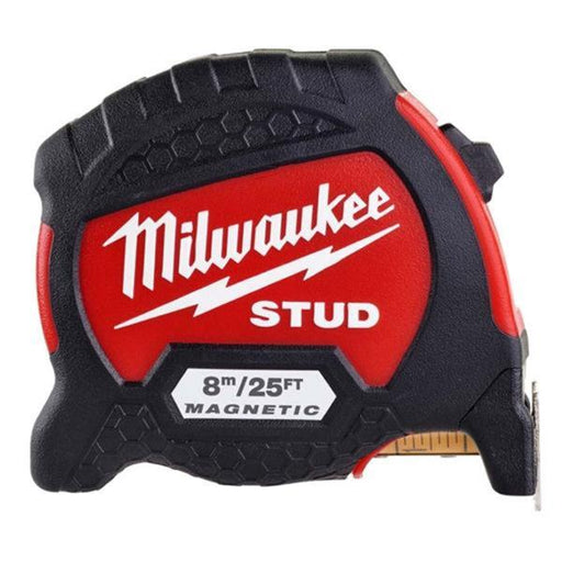 Milwaukee tape measure with red and black design on a white background