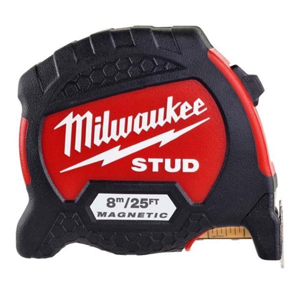 Milwaukee tape measure with red and black design on a white background