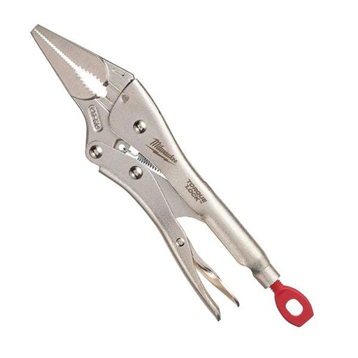 Locking pliers with a red handle on a white background