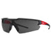 Black safety glasses with red accents on a white background