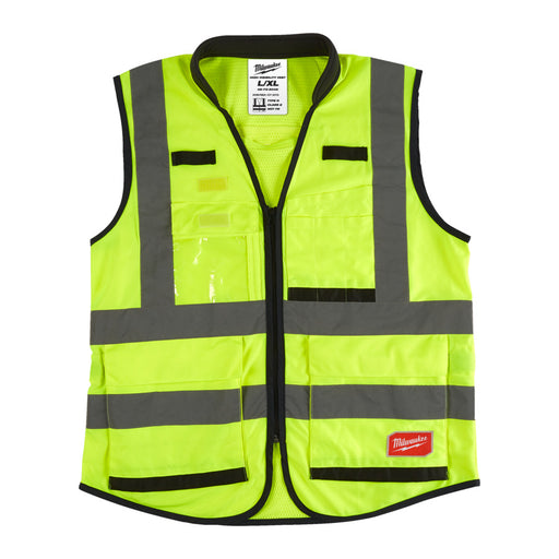 Yellow safety vest with reflective stripes and Milwaukee logo on a white background