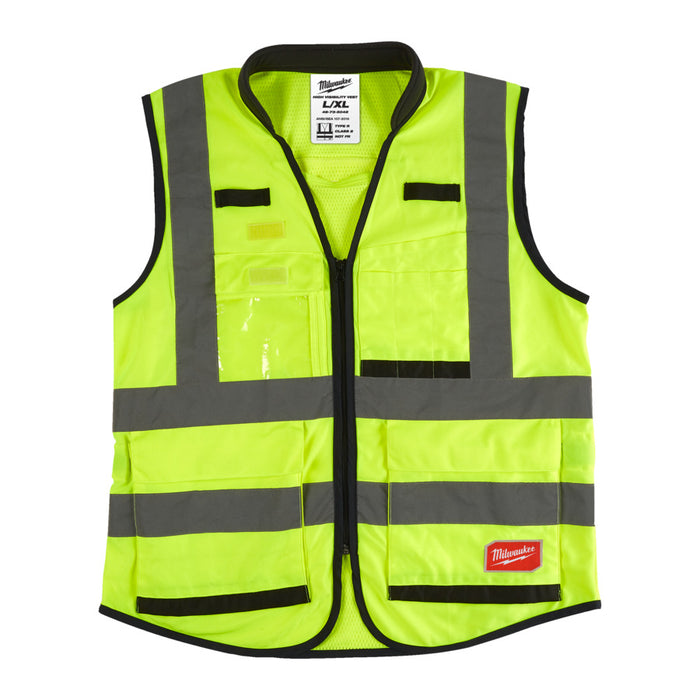 Yellow safety vest with reflective stripes and Milwaukee logo on a white background