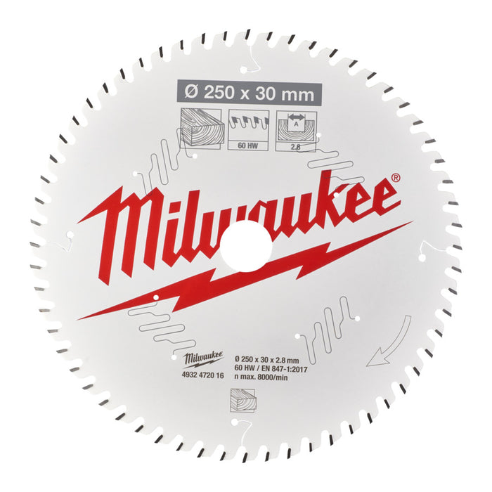Milwaukee 250mm 60T Wood Cutting Mitre Saw Blade