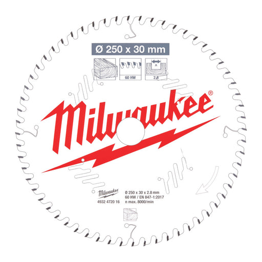 Circular saw blade with Milwaukee logo on a white background