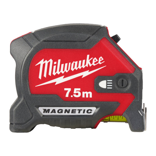 Milwaukee tape measure with red and black design on a white background
