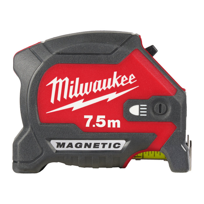 Milwaukee tape measure with red and black design on a white background
