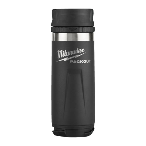 Black Milwaukee Packout tumbler on a white background