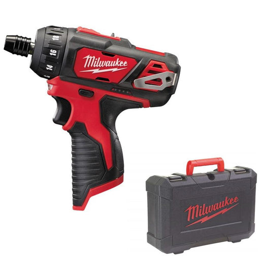 Red and black Milwaukee compact driver with matching case on a white background