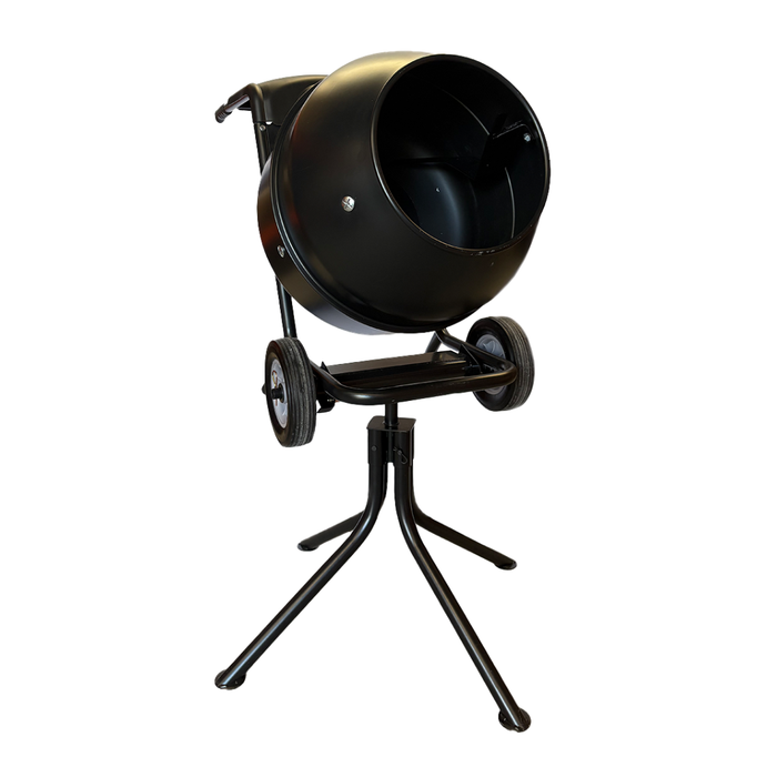 A black portable concrete mixer on a three-legged stand with two wheels, isolated on a white background.