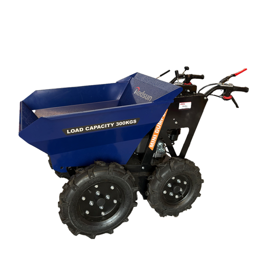 black mini petrol dumper with blue bucket on a white background