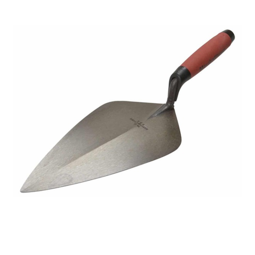 Metal trowel with a red and black handle on a white background