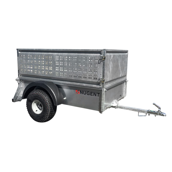 Gray utility trailer with a visible brand logo on a white background