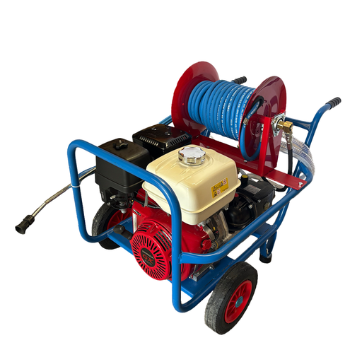honda pressure washer with a reel on a blue frame 