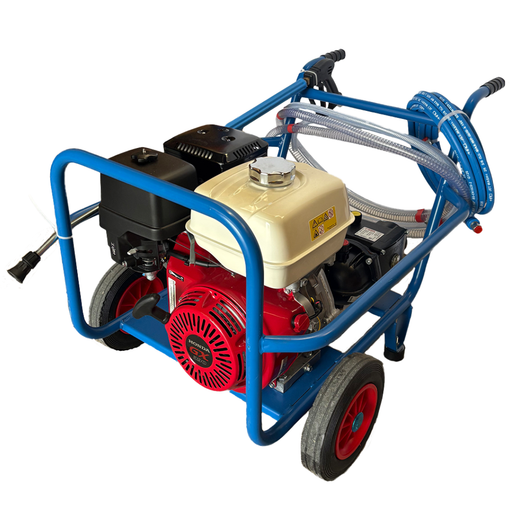 A portable petrol-powered high-pressure water washer with a blue metal frame, red engine, beige fuel tank, and coiled blue hose, shown on a white background.