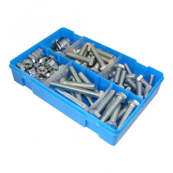 A blue plastic organized hardware box containing assorted silver metal bolts, nuts, and washers, photographed on a plain white background.