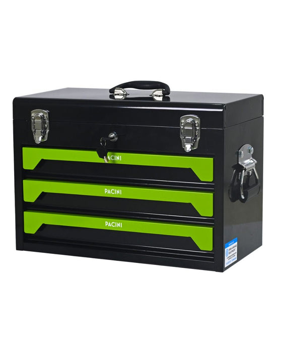 A black metal tool box with three drawers featuring bright lime green accents and silver latches, shown on a plain white background.