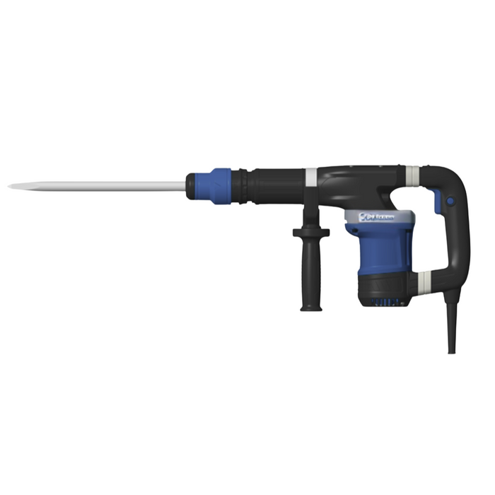 A predator electric demolition hammer with a long silver metal drill bit, featuring a black and blue body with a silver handle grip, shown against a plain white background.