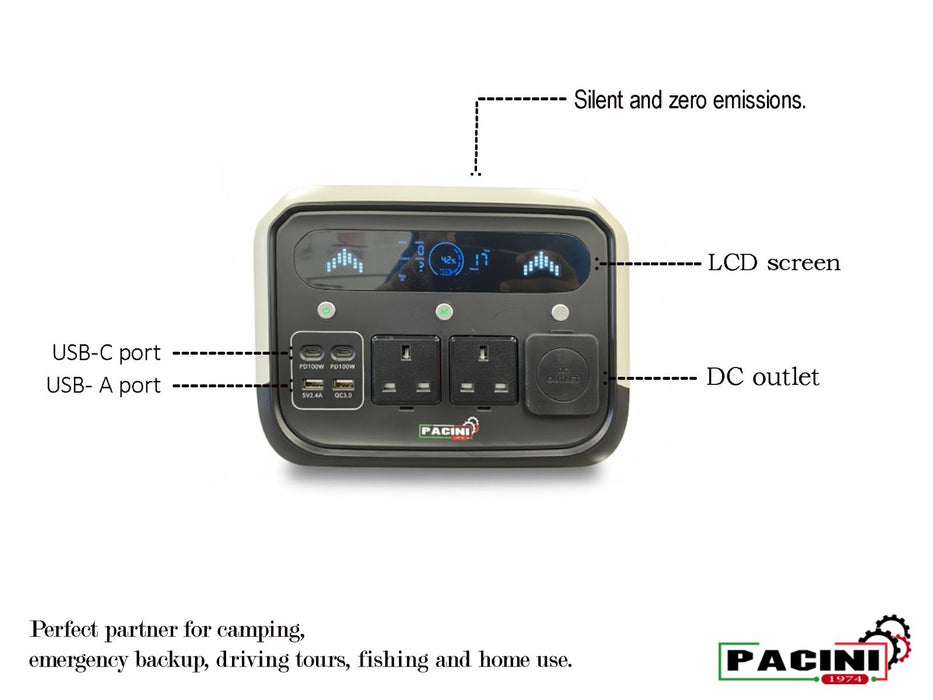 Pacini Portable Power Station Capacity 512Wh, 2 Outlets (700w)