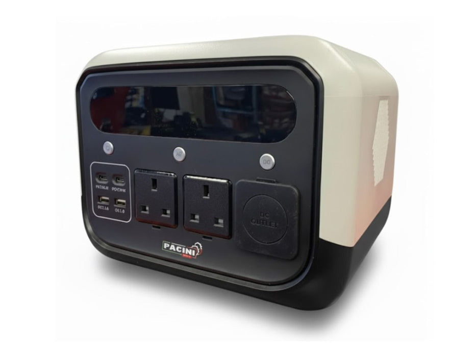 Portable power station with multiple outlets on a white background