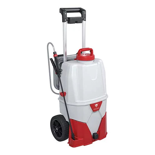 Red and white pulmic chemical sprayer on a white background
