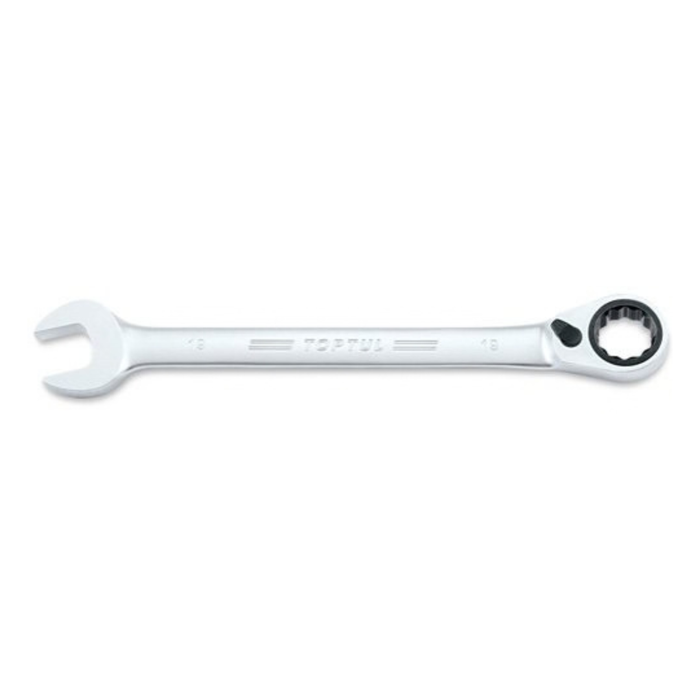 A silver double-ended combination wrench with a closed-end socket on one side and a ratchet head on the other, shown on a plain white background.