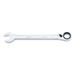 A silver double-ended combination wrench with a closed-end socket on one side and a ratchet head on the other, shown on a plain white background.