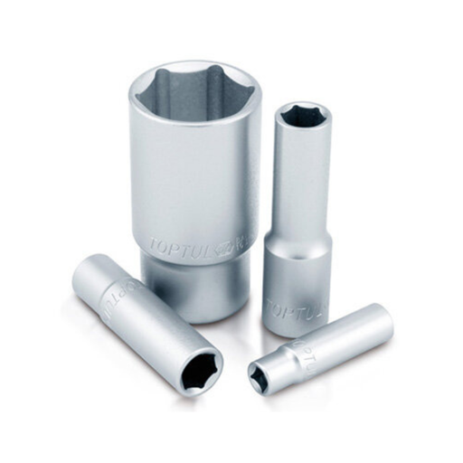 Four silver metal socket tools arranged on a clean white background, including a hex socket and three straight sockets. The sockets show the brand name TOPTUL engraved on them.
