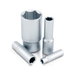 Four silver metal socket tools arranged on a clean white background, including a hex socket and three straight sockets. The sockets show the brand name TOPTUL engraved on them.
