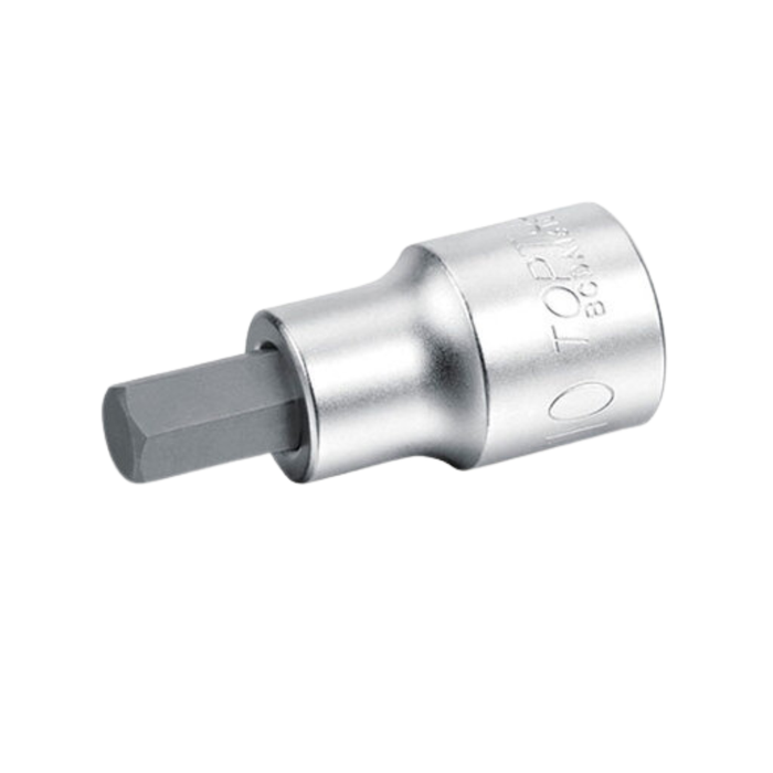 A metallic socket tool bit with a hex shank and a cylindrical socket head, photographed on a plain white background.