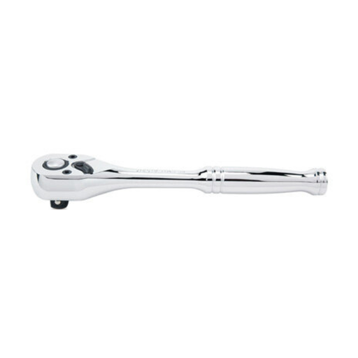A chrome power ratchet wrench with a black switch and socket attachment, shown horizontally against a plain white background.