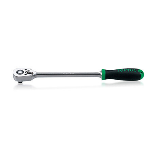 A TOPTUL ratchet screwdriver with a silver metal head and a black and green handle, shown against a plain white background.